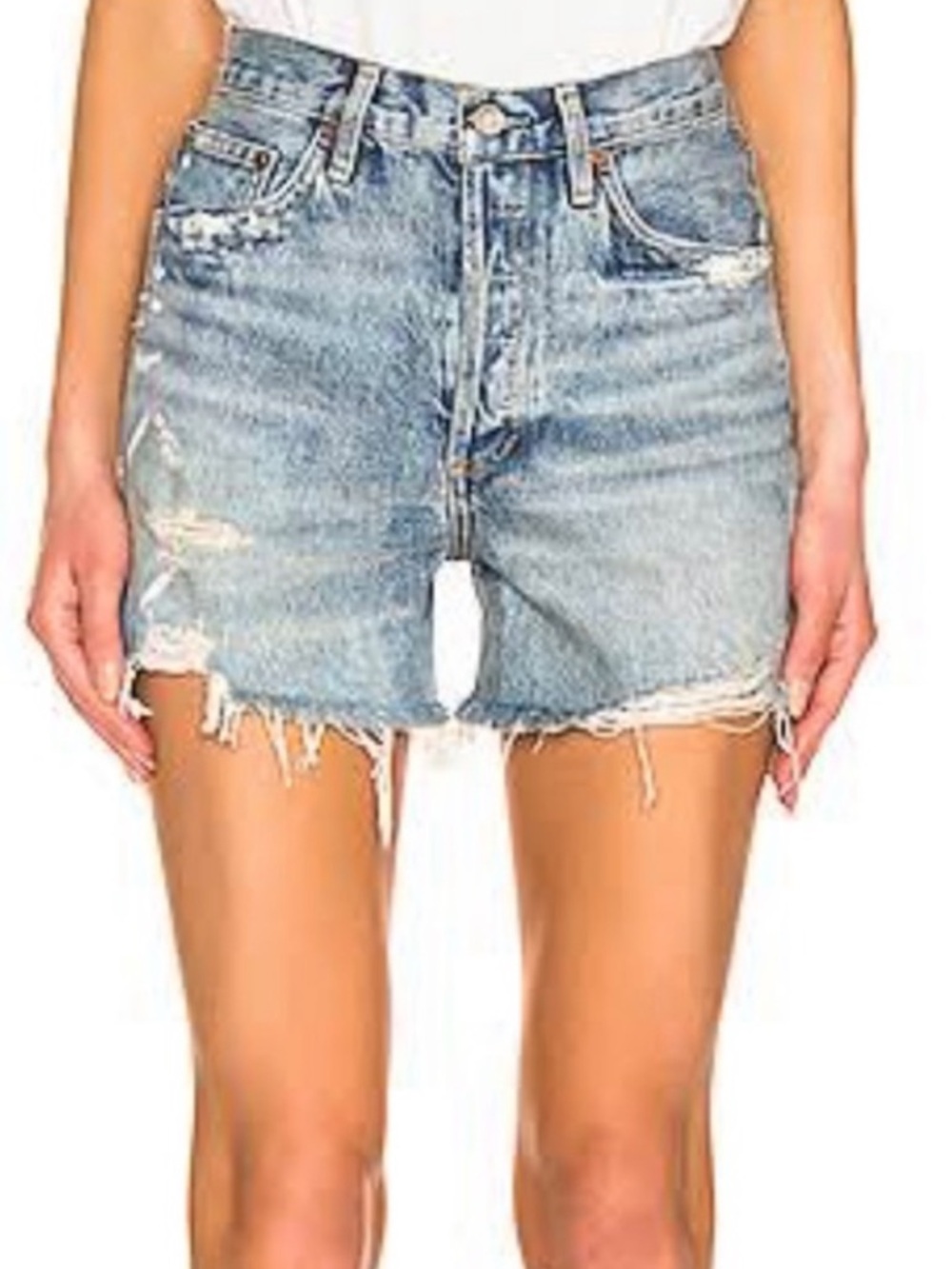 Agolde Distressed Dee 24 Light Blue High-Rise Denim Shorts - Picture 9 of 9